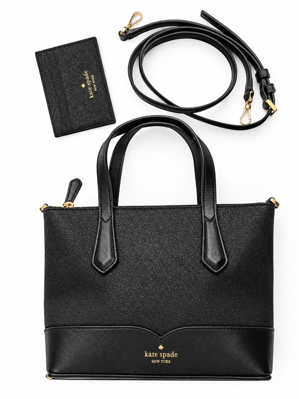 kate spade sparkly black handbag with matching wallet & strap